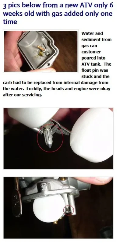Sediment buildup in carburetor bowl and on float pin caused by ethanol fuel contamination